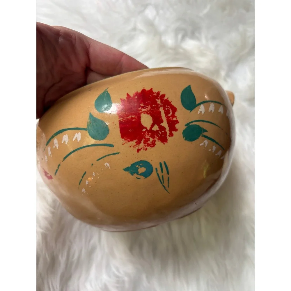 Vintage USA Stoneware Bean Pot Lidded Crock Tan Red Floral Hand Painted